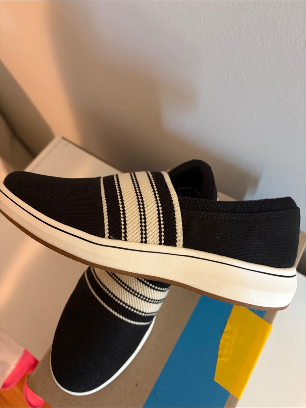 Clarks Black Slip-On Canvas Loafers with Cream Stripes image 6